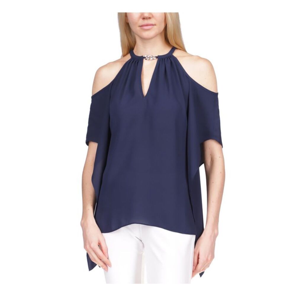 MICHAEL KORS Womens Navy Handkerchief Hem Elbow Sleeve Round Neck Top XS